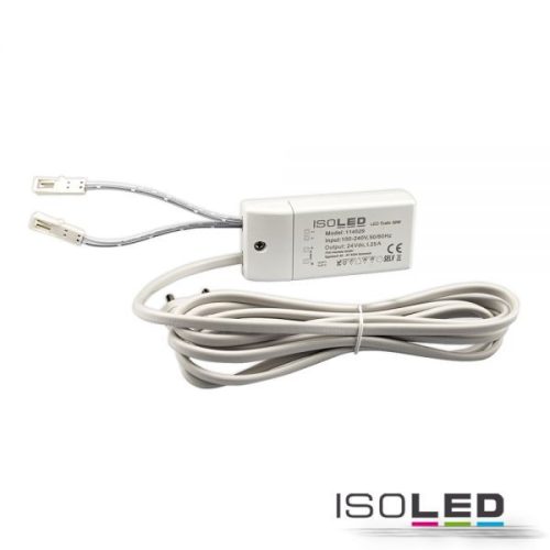 LED-es transzformátor MiniAMP 24V/DC, 0-30W, 200cm kábel lapos csatlakozóval, másodlagos 2 aljzat