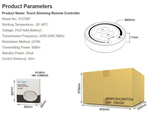 MiLight FUT087 fali érintő dimmer elemes