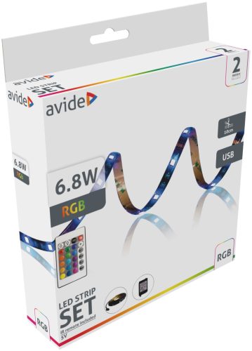 Avide LED Szalag Bliszter 5V SMD5050 30LED RGB IP65 2m + IR 24 táv.