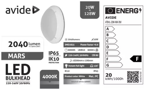 Avide Cseppálló Mennyezeti Lámpa Mars Kerek IP65 20W NW 4000K Fehér + Inverter IK10