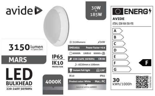 Avide Cseppálló Mennyezeti Lámpa Mars Kerek IP65 30W NW 4000K Fehér + Inverter + PIR IK10