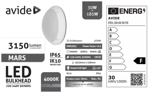 Avide Cseppálló Mennyezeti Lámpa Mars Kerek IP65 30W NW 4000K Fehér + Inverter IK10