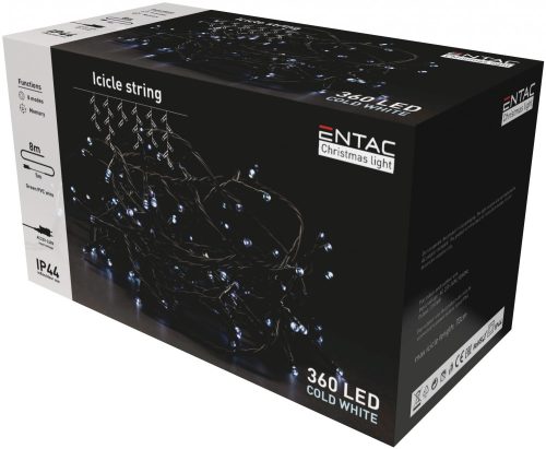 Entac Karácsonyi 360 LED-es Jégcsapfüzér, hideg fehér 6400K, 8m-es, IP44