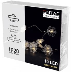   Entac Karácsonyi Beltéri Műanyag Füzér Hópehely 10 LED WW 1m (2AA nt.)