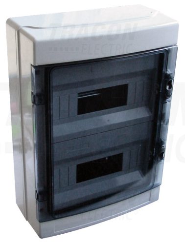 Tracon Falon kívüli elosztódoboz, átlátszó ajtóval, N/PE sínnel 2×12 mod, H×W×D=415×300×140mm, IP65, 660V AC