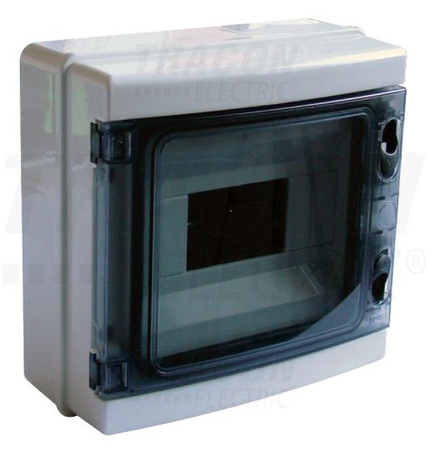 Tracon Falon kívüli elosztódoboz, átlátszó ajtóval, N/PE sínnel 1×8 mod, H×W×D=210×215×100mm, IP65, 660V AC