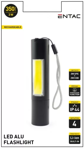 Entac Elemlámpa Újratölthető 3W 1200mAh (PowerBank funkció) csuklópánttal