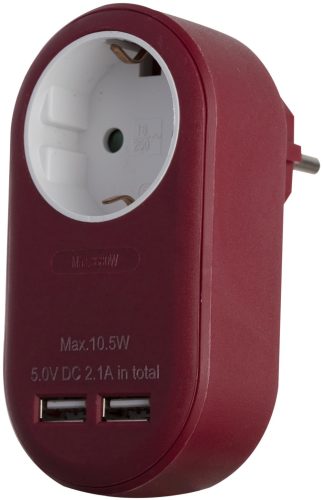 Entac Hálózati Adapter 1 Földelt Aljzat és 2 USB (össz. 2.1A) Burgundi vörös