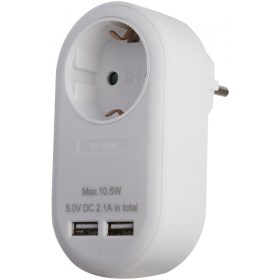   Entac Hálózati Adapter 1 Földelt Aljzat és 2 USB (össz. 2.1A) Fehér
