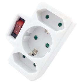   Entac Hálózati Adapter 3 Aljzat (1 Földelt, 2 Euro) Kapcsolóval