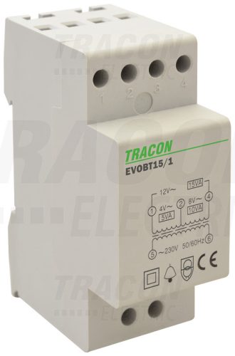 Tracon Biztonsági (csengő) transzformátor 230V/4-8-12V AC, Psmax.:15VA, Is:1,15A