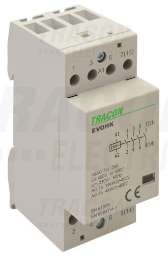 Tracon Installációs kontaktor 230V, 50Hz, 2 Mod, 4×NO, AC1/AC7a, 25A,