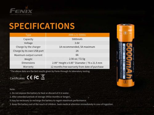 Fenix Light Kellék Akkumulátor 21700 ARB-L21 5000mAh USB