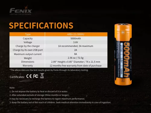 Fenix Light Kellék Akkumulátor 21700 ARB-L21 5000mAh USB
