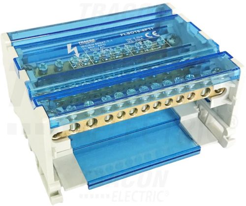 Tracon Moduláris elosztóblokk nyitható fedéllel 3×16(10) mm2 / 8×10(6) mm2, 500VAC/DC, 80A