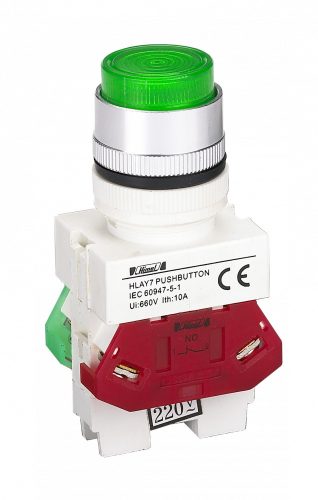 HLAY7-11D Zöld LED világító nyomógomb 220V NO+NC