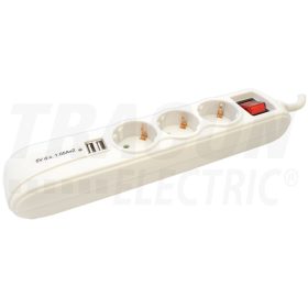   Tracon Hordozható elosztósáv kapcsolóval fehér, 2×USB port 3×SCHUKO,16A/250VAC,3680W, 1,4m, 3×1,5mm2, H05VV-F, USB:2.1A
