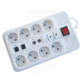   Tracon Négyzetes 8-as elosztó kapcsolóval+túlfesz+ túláram+koax+tel 8×SCHUKO, 3m, max.16A, 250VAC, 3680W, H05VV-F