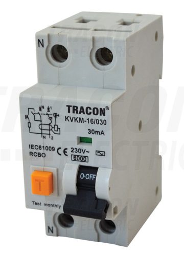 Tracon Kombinált védőkapcsoló, 2P, 2 modul, C karakterisztika 10A, 30 mA, 6kA, AC