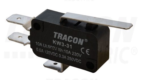Tracon Helyzetkapcsoló, mikro, rugószáras 1×CO 10(3)A/230V, 28mm, 6,3x0,8 mm, IP00