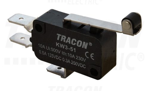 Tracon Helyzetkapcsoló, mikro, karos-görgős 1×CO 10(3)A/230V, 28mm, 6,3x0,8 mm, IP00