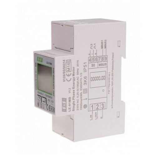 F&F Fogyasztásmérő DIN sínre, direkt egyfázisú MID hitelesített, LCD, M-busz, 2 modul