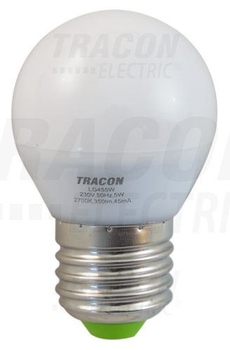 Tracon LED fényforrás 230 VAC, 5 W, 2700 K, E27, 350 lm, 250°, G45, EEI=A+