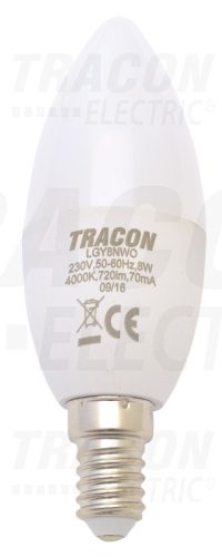 Tracon Gyertya burájú LED fényforrás, tejüveg 230 V, 50 Hz, 8 W, 4000 K, E14, 570 lm, 250°