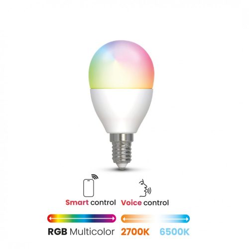 DURA SMART LED Round 5W RGB+W E14 kisgömb, wifi, Bluetooth, Amazon Alexa, Google Voice Assistant