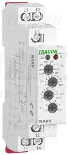 Tracon Feszültségfigyelő relé 3 fázisra AC 220-460V, U> U< = +/-2-20%, t=0,1-10s, Asymm 8%