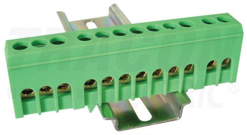 Tracon Szigetelt földelősín (N/PE), zárt,zöld 230/400VAC, 100A, 6×9mm, 12P, IP20