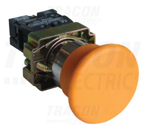 Tracon Gombafejű nyomógomb, fémalapra szerelt, sárga 1×NO, 3A/400V AC, IP42, d=40mm