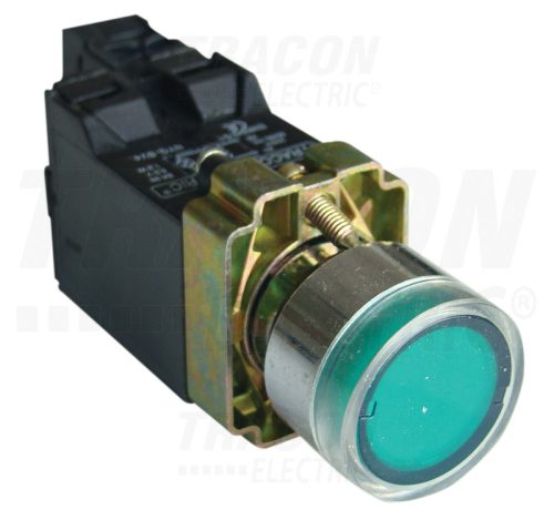 Tracon Világító nyomógomb, fémalap, trafóval, zöld, glim, izzó nélk 1×NO, 3A/230V AC, 6V, IP42