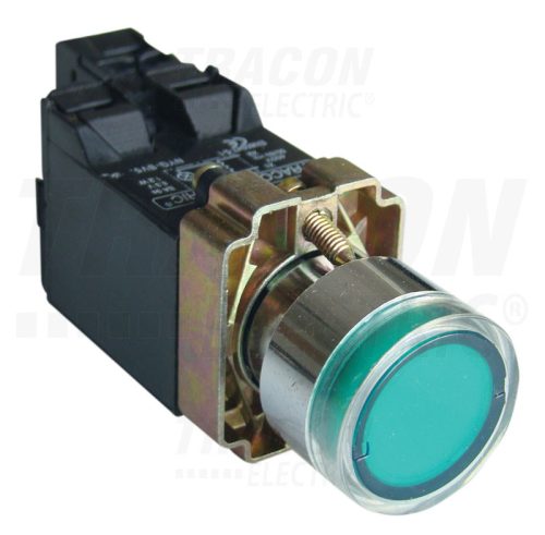 Tracon Világító nyomógomb, fémalap, trafóval, zöld, glim, izzó nélk 1×NO, 3A/400V AC, 6V, IP42