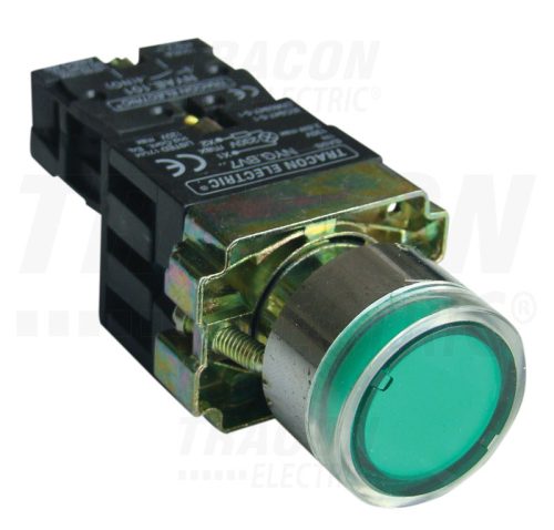 Tracon Világító nyomógomb, fémalap, előtét, zöld, glim, izzó nélk. 1×NO, 3A/230V AC, 130V, IP42