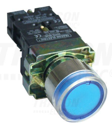 Tracon Világító nyomógomb, fémalap, kék, glim, izzó nélkül 1×NO, 3A/400V AC, 230V, IP42