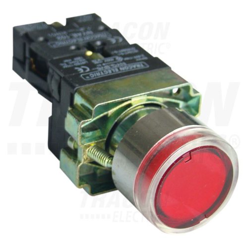 Tracon Világító nyomógomb, fémalap, piros, glim, izzó nélkül 1×NC, 3A/400V AC, 230V, IP42