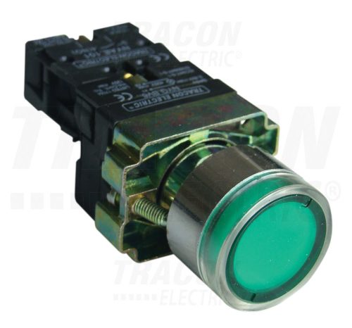 Tracon Világító nyomógomb, fémalap, zöld, glim, izzó nélkül 1×NO, 3A/400V AC, 230V, IP42