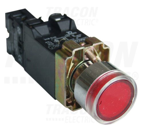 Tracon Világító nyomógomb, fémalap, trafóval,piros,glim,izzó nélk. 1×NC, 3A/400V AC, 6V, IP42