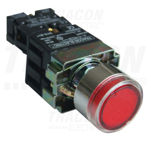 Tracon Világító nyomógomb, fémalap, előtét, piros, glim,izzó nélk. 1×NC, 3A/230V AC, 130V, IP42