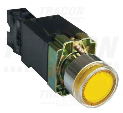 Tracon Világító nyomógomb, fémalap, trafóval,sárga,glim,izzó nélk. 1×NO, 3A/230V AC, 6V, IP42