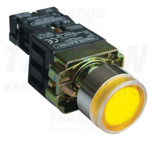 Tracon Világító nyomógomb, fémalap, előtét, sárga, glim,izzó nélk. 1×NO, 3A/230V AC, 130V, IP42