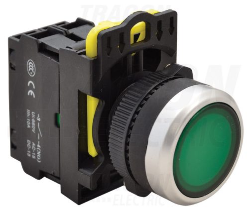 Tracon Világító nyomókapcsoló, zöld 1×NO, 5A/230V AC-15, IP65, LED 230V AC/DC