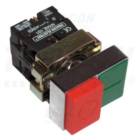   Tracon Kettős BE-KI nyomógomb, fémalap, zöld+piros kiálló 1×NC+1×NO, 3A/400V AC, IP42