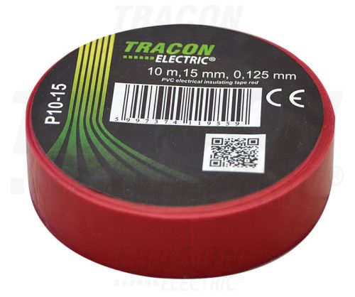 Tracon Szigetelőszalag, piros 10m×15mm, PVC, 0-90°C, 40kV/mm