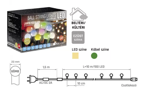 LED GÖMB FÉNYFÜZÉR 10 MÉTER, MELEG FEHÉR, ZÖLD KÁBELLEL, POLAMP