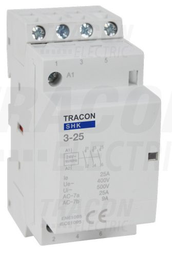 Tracon Installációs kontaktor 230V AC, 50Hz, 2 Mod, 3×NO, AC1/AC7a, 25A