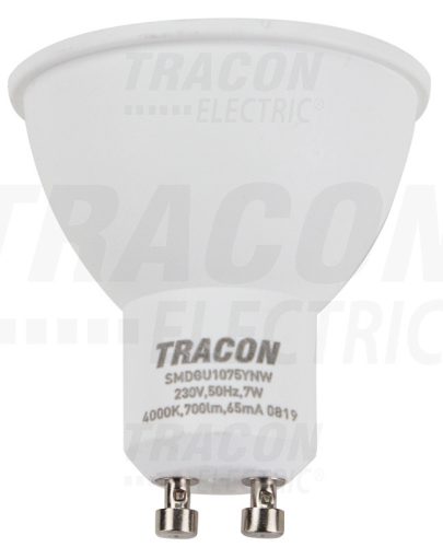 Tracon Műanyag házas SMD LED spot fényforrás 230 VAC, 50 Hz, GU10, 7 W, 700 lm, 4000 K, 120°, EEI=A+