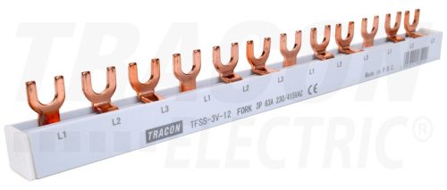Tracon Soroló sín - villás kivitelű max.63A, 230/400VAC, 3P, 12modul, 215mm