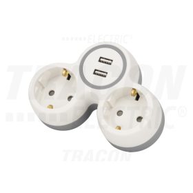   Tracon Többférőhelyes átalakító csatlakozó, 2X USB, szürke + fehér 2×SCHUKO, max.16A, 230VAC, 3680W, PP, USB: 5V, 2,1 A